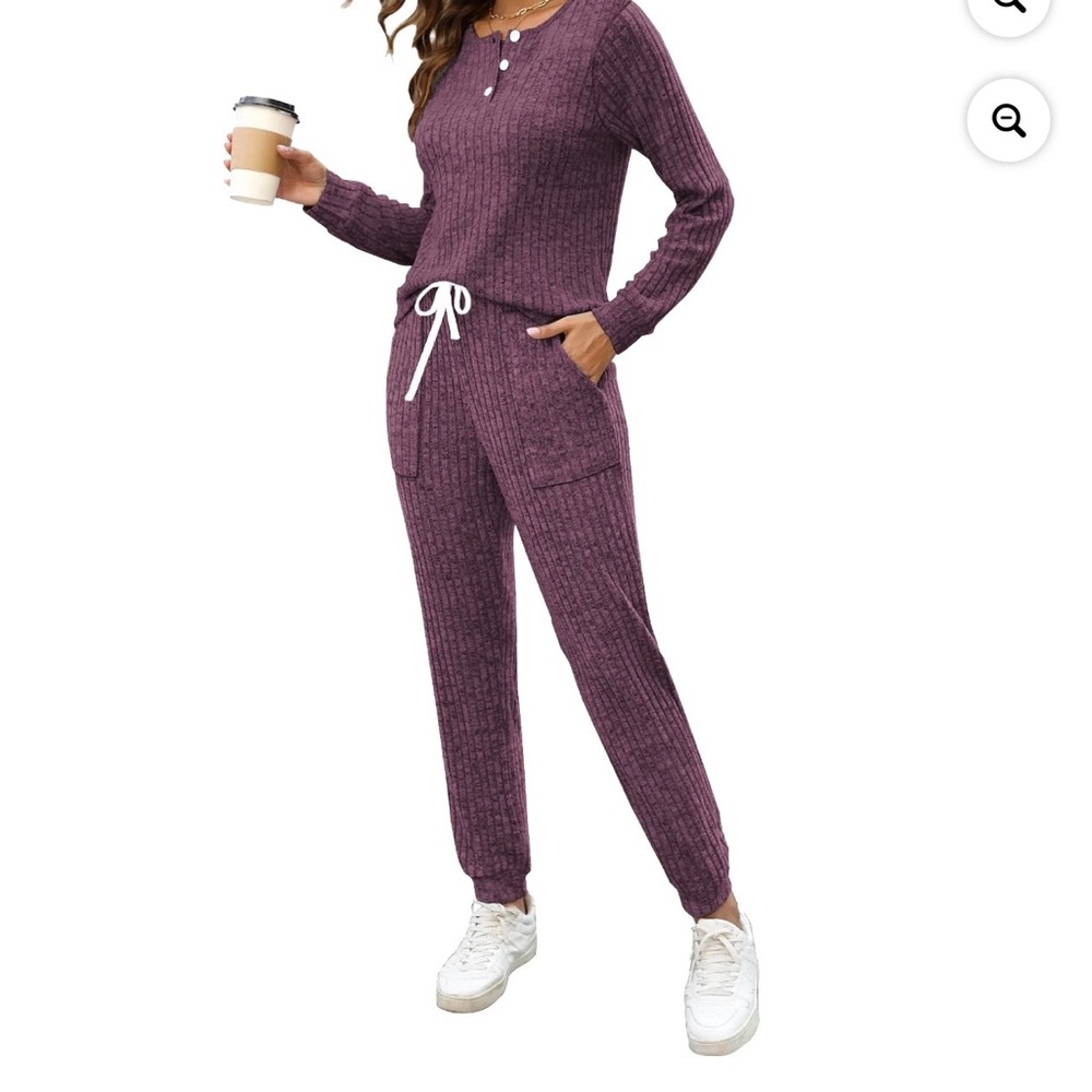 Ribbed Henley Lounge Pajama Set - Plum - Picture 3 of 7